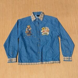 Vintage Lighthouse Apparel Denim Shirt Fall Sunflower Embroidered Women Small